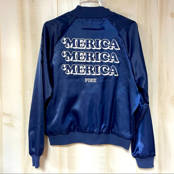 VS Pink ‘Merica Navy Blue Satin Bomber Jacket M - Picture 3 of 7
